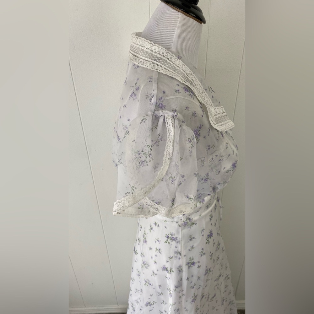 VTG 70s White Purple Chiffon Formal Dress Spaghetti Strap Bolero Lace Coverup XS - Picture 15 of 15